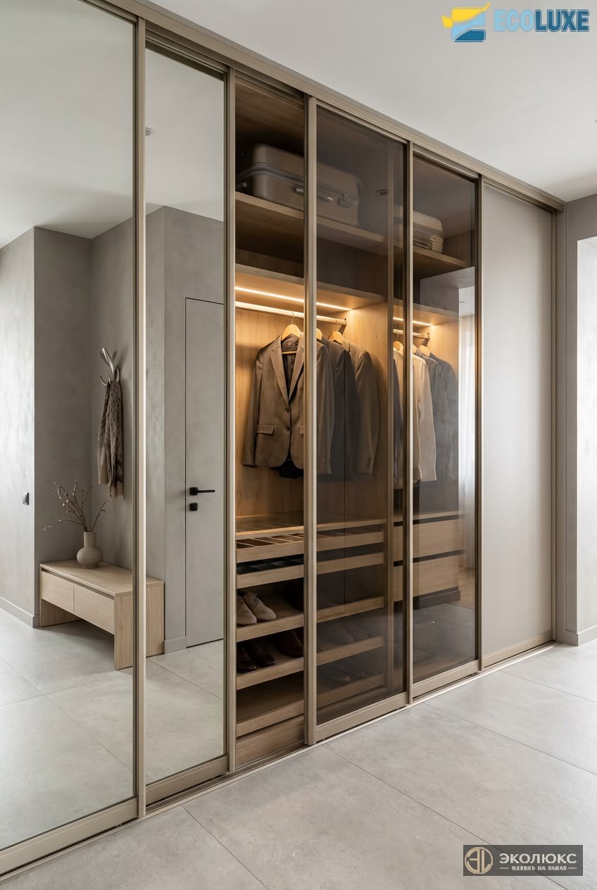 Встроенный шкаф-купе со стеклянными фасадами